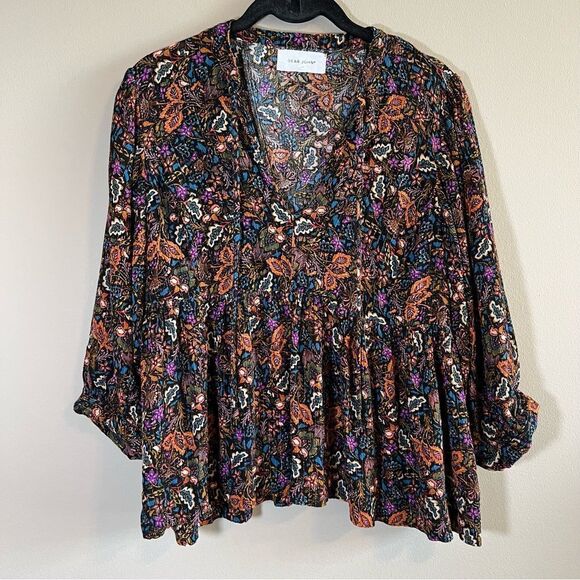 ✨ Dear John Women’s Black Gold Purple Blue Floral Blouse Medium - Picture 1 of 10